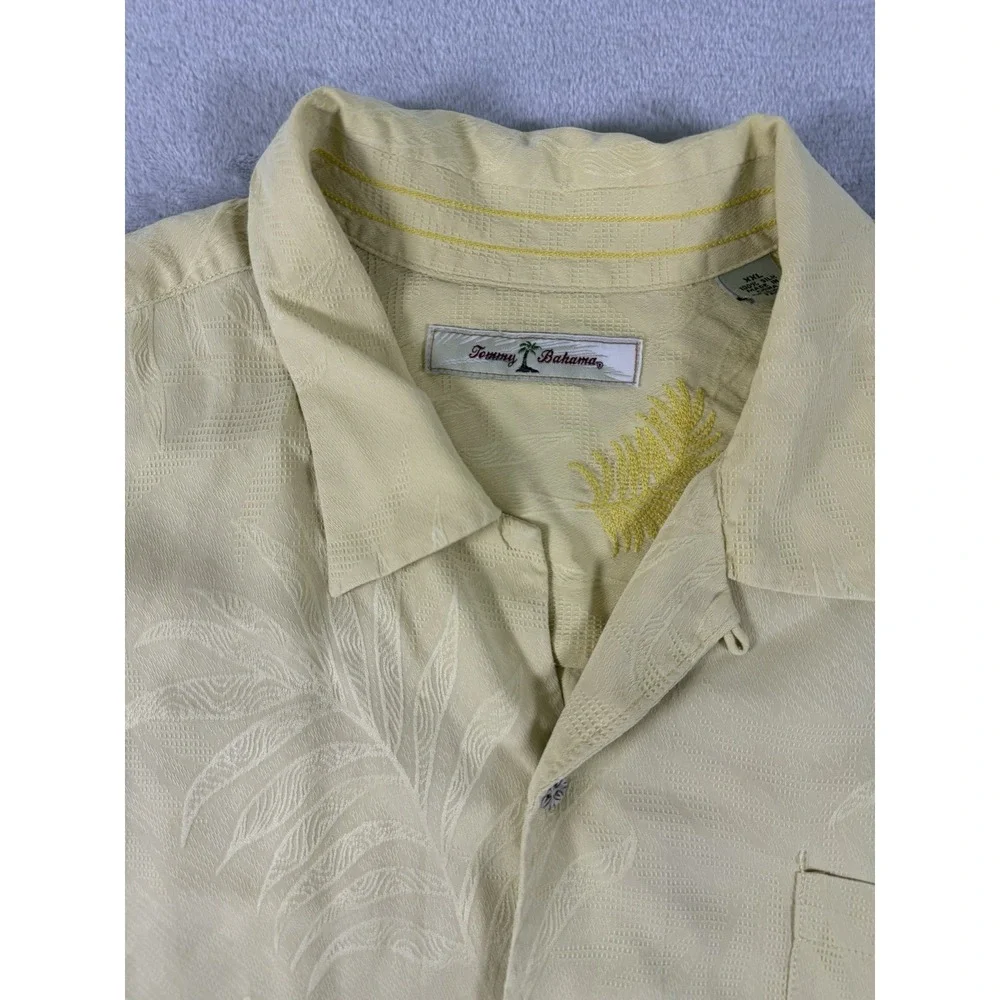 Tommy Bahama 100% Silk Camp Shirt Yellow Tropical Jacquard Button Up XXL Hawaian